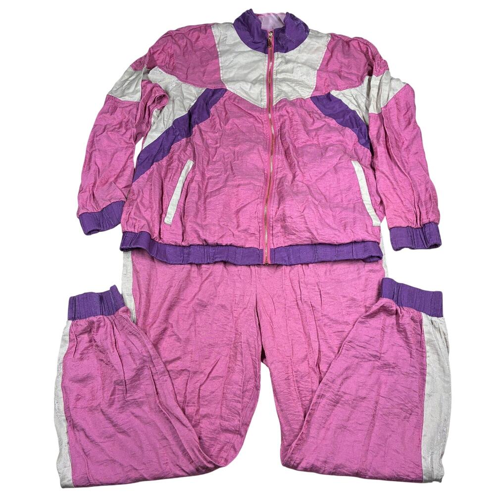 Vintage Tracksuit Set Womens 2X Pink Midnight Velvet Rayon Nylon Windbreaker Y2K